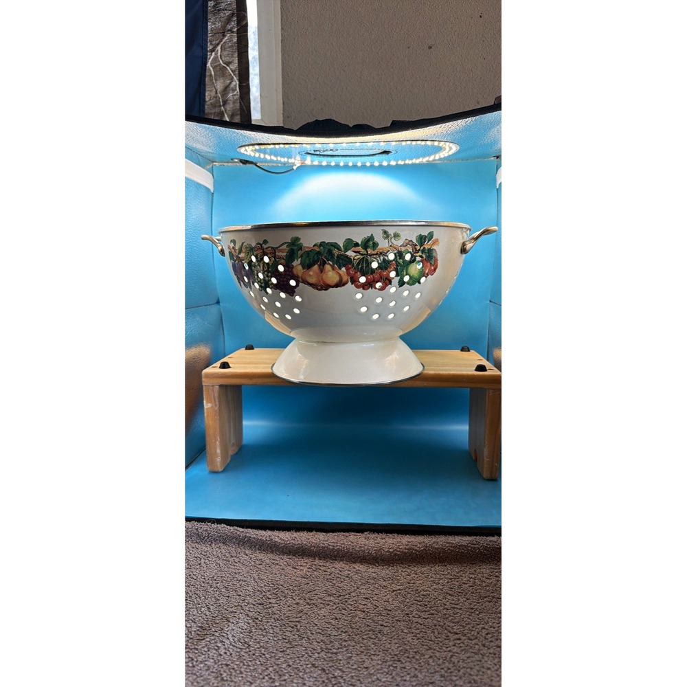 Vintage White Metal Colander with Handles Fruit Design 11 Inch Large or planter